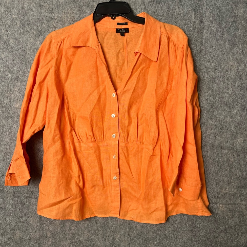 Talbots Woman Size 16w Pure Irish Linen Orange Button Up 3/4‎ sleeves Top